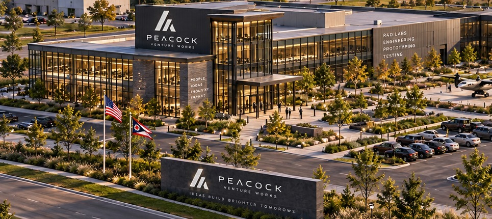 AI-generated exterior detail of the proposed PVW campus entrance and engineering offices. Not an existing building.