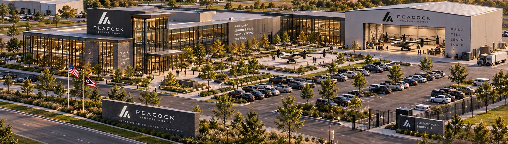 AI-generated architectural concept of a proposed low-rise PVW campus. Not an existing facility or a surveyed site plan.